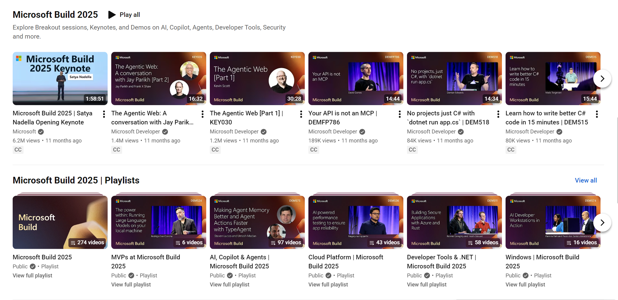 Microsoft Build 2025 on-demand playlist showing millions of views: 6.2M on the keynote, 1.4M and 1.2M on sessions, with 274 videos across multiple playlists
