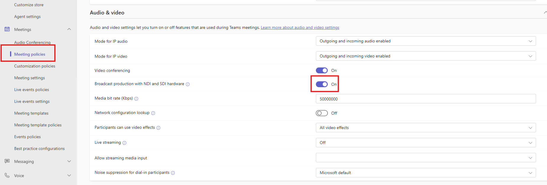 Teams Admin Center showing Broadcast production with NDI and SDI hardware toggle and Media bit rate setting