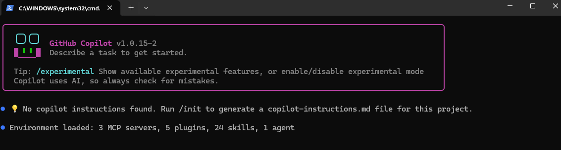 GitHub Copilot CLI interface showing loaded MCP servers, plugins, and skills