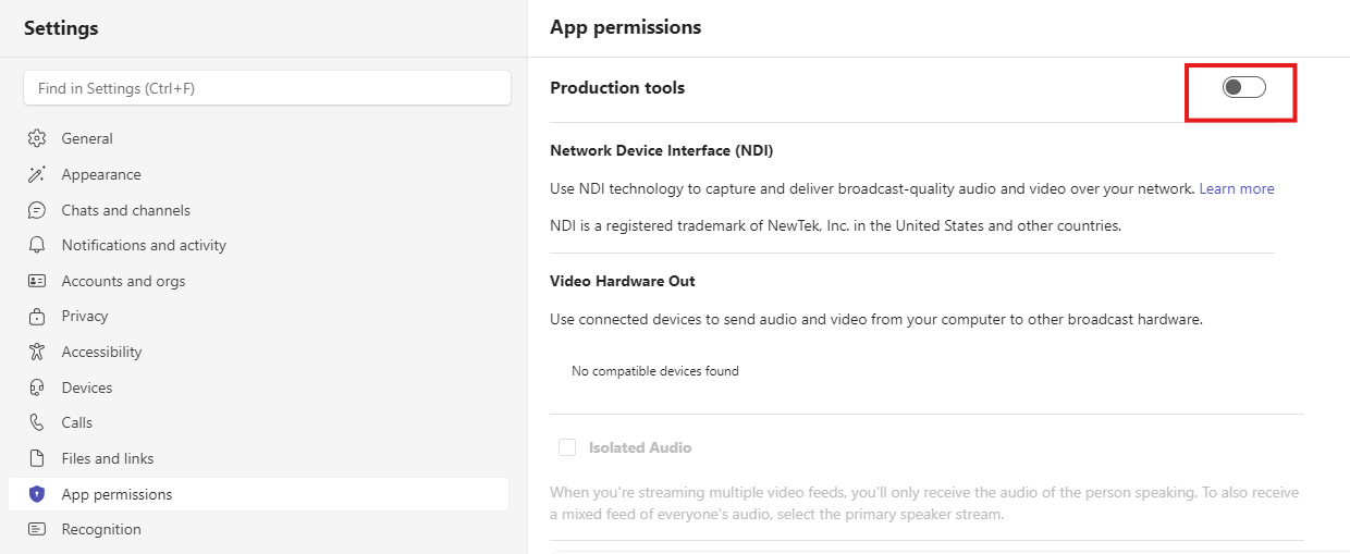 Teams Settings showing Production tools toggle for NDI
