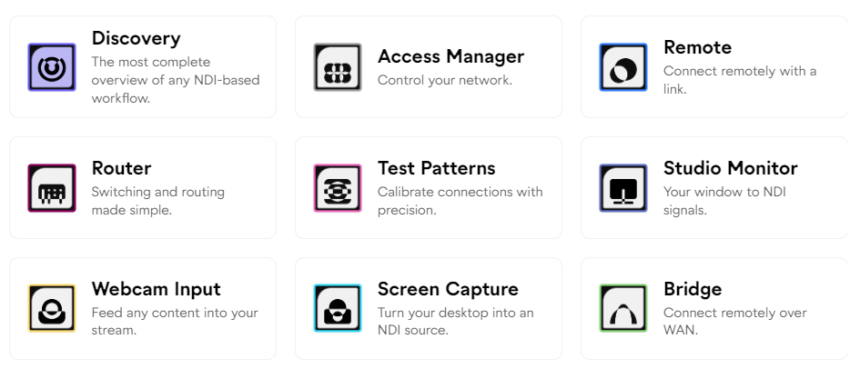 NDI Tools suite showing Discovery, Access Manager, Remote, Router, Test Patterns, Studio Monitor, Webcam Input, Screen Capture, and Bridge applications