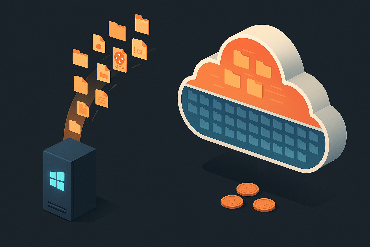 Illustration showing Windows server syncing video files to Azure cloud with active and archival storage tiers